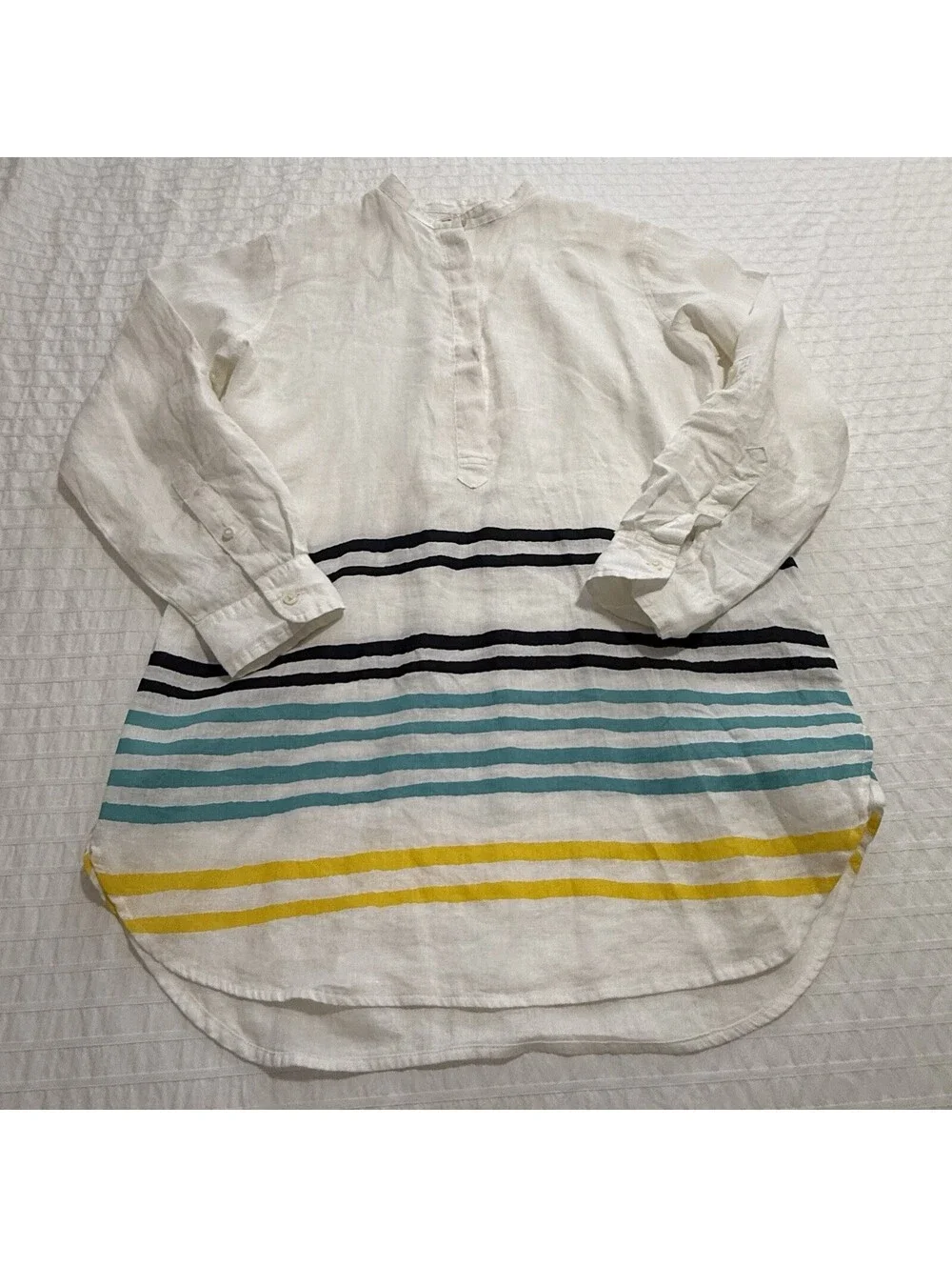 Lauren Ralph Lauren Linen Striped Henley Tunic Blouse White Nautical Sz M Medium